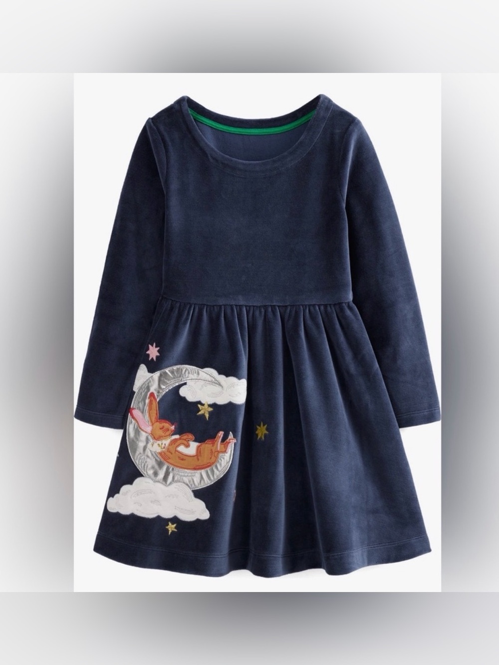 Mini Boden Navy Velour Dress with Bunny Moon Applique